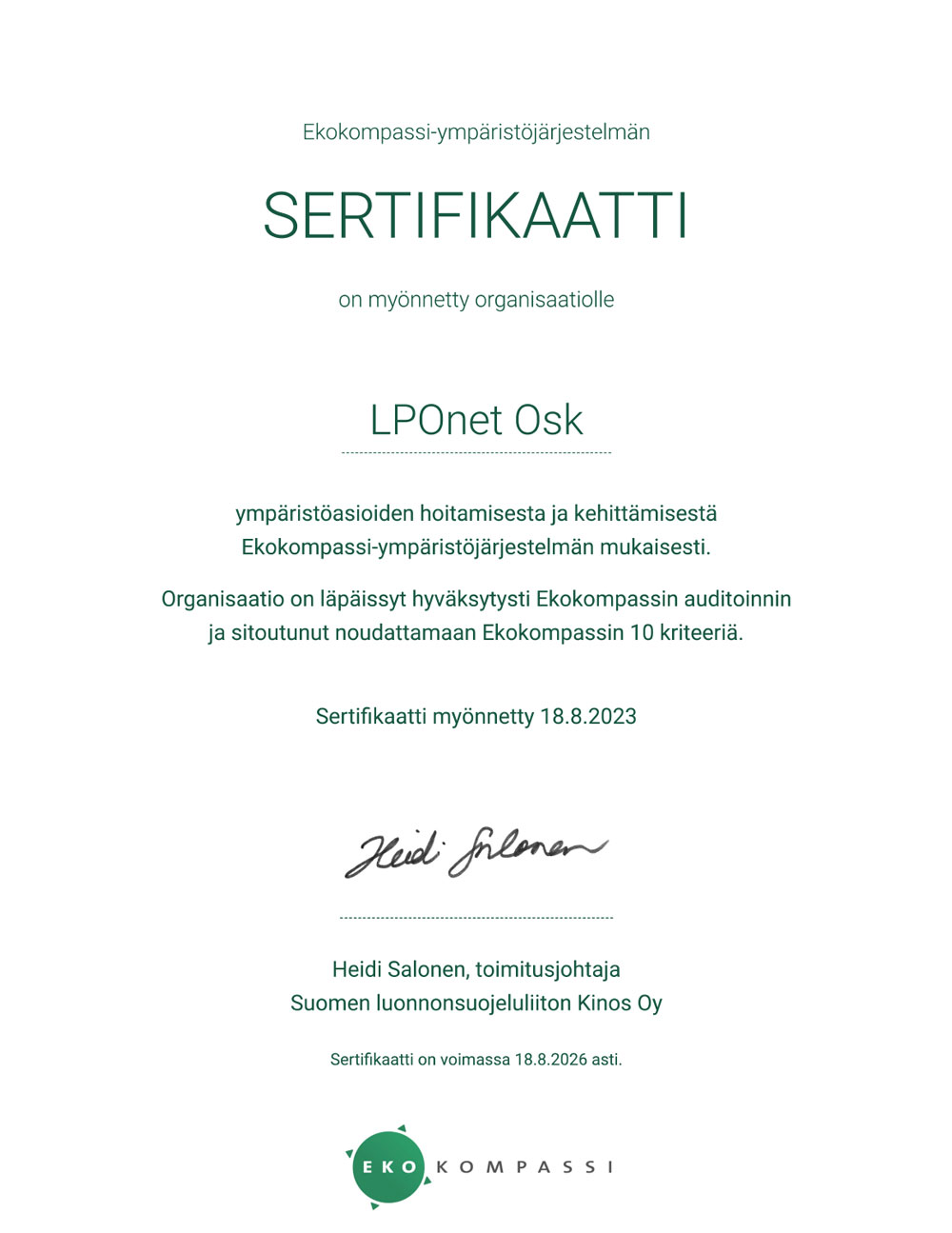 LPOnetin vastuullisuusohjelmalle myönnetty 18.8. Ekokompassi-sertifikaatti