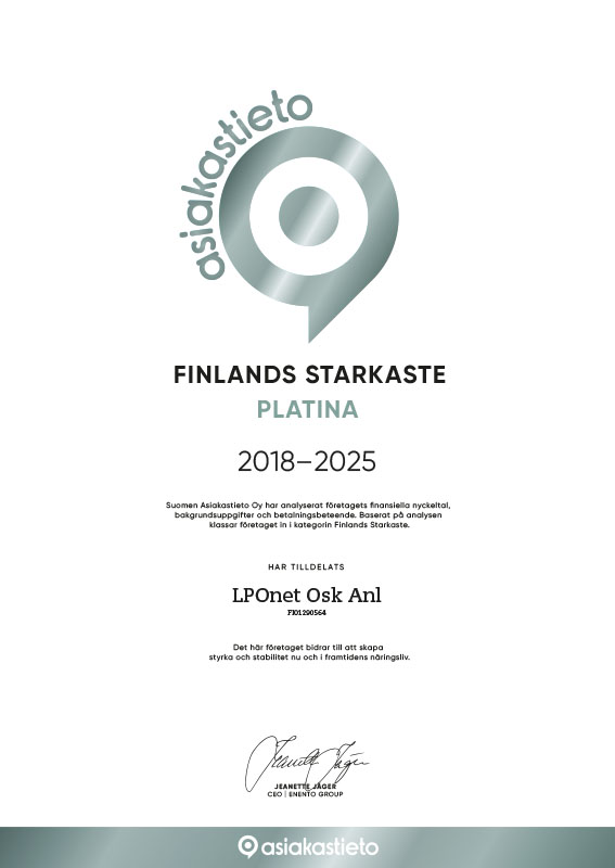 LPOnet har igen beviljats Finlands Starkaste Platina -certifikatet